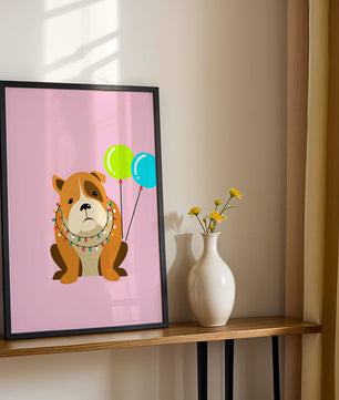 Perro de dibujos animados adorable con luces festivas y globos coloridos sobre fondo rosa