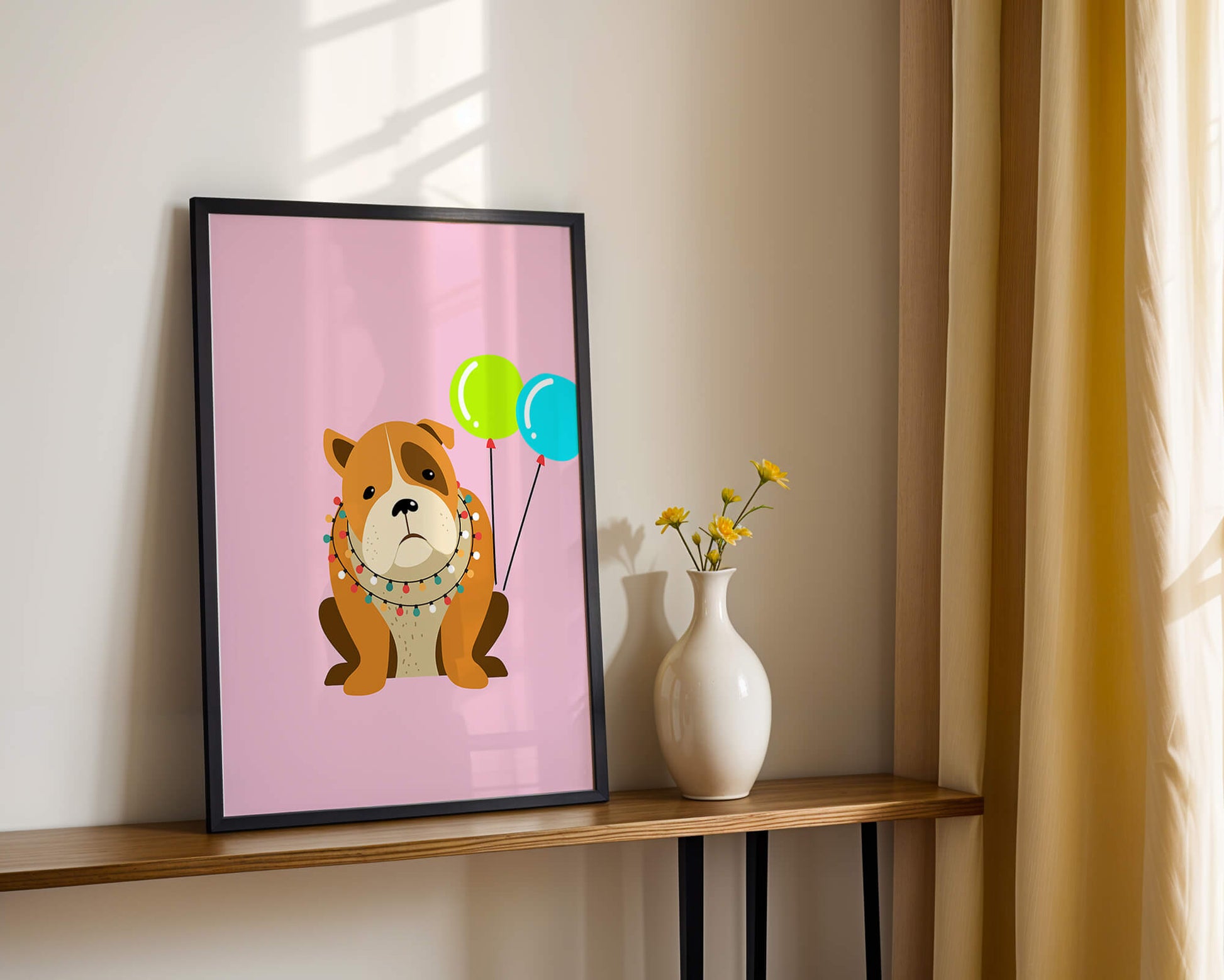 Perro de dibujos animados adorable con luces festivas y globos coloridos sobre fondo rosa