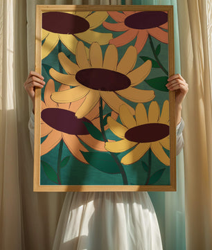 Ilustración floral con margaritas amarillas y naranjas sobre fondo turquesa