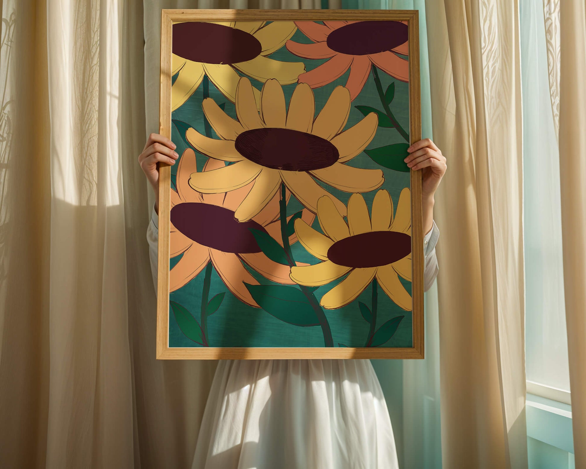 Ilustración floral con margaritas amarillas y naranjas sobre fondo turquesa