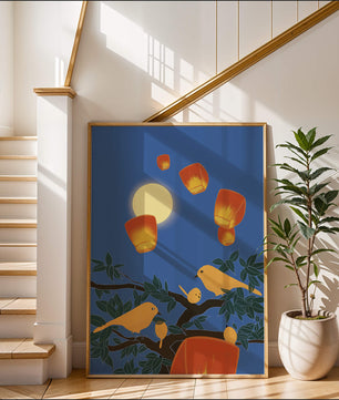 Lanterns and Birds Under the Night Sky