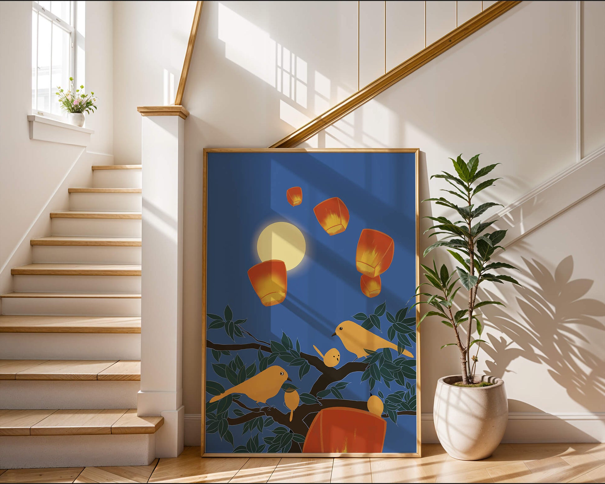Lanterns and Birds Under the Night Sky