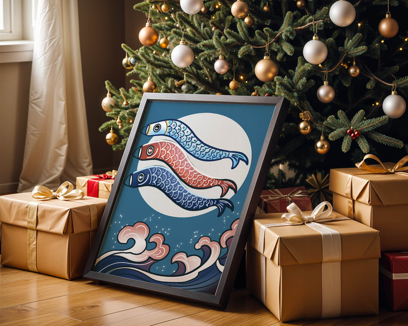 Colorful koi fish kites against a full moon with ocean waves