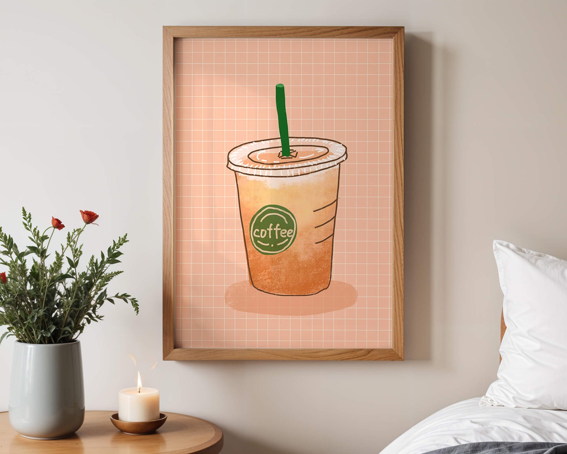 Illustrated iced coffee cup on peach grid background