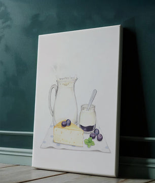 Illustration of dairy products with blueberries on polka dot cloth