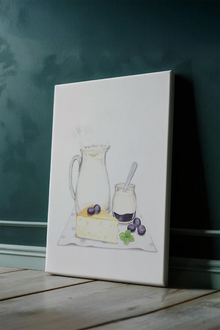 Ilustración de productos lácteos con arándanos sobre tela de lunares.