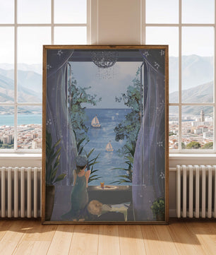 Serene seaside view from an open window with a sailboat and relaxing atmosphere