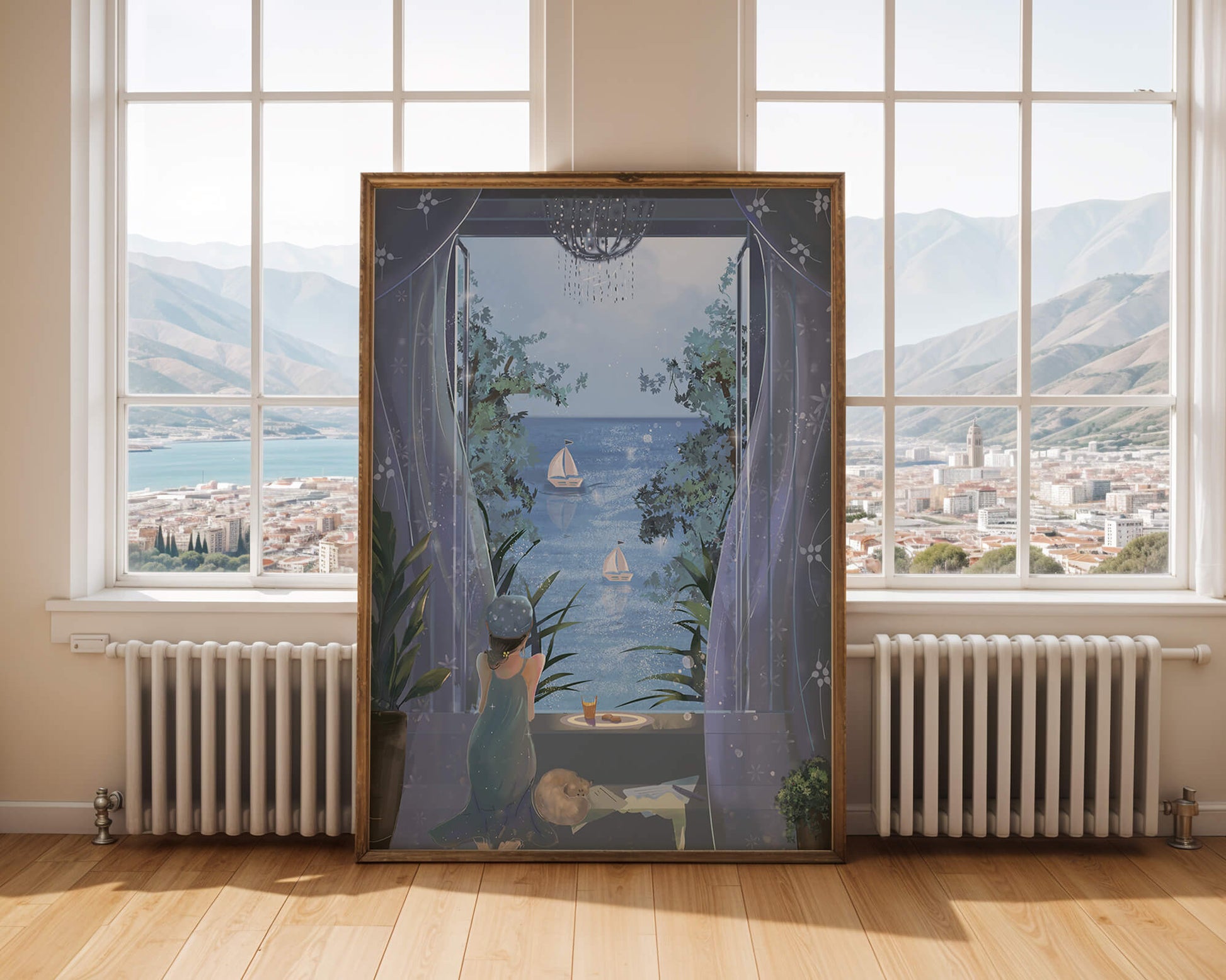 Serene seaside view from an open window with a sailboat and relaxing atmosphere