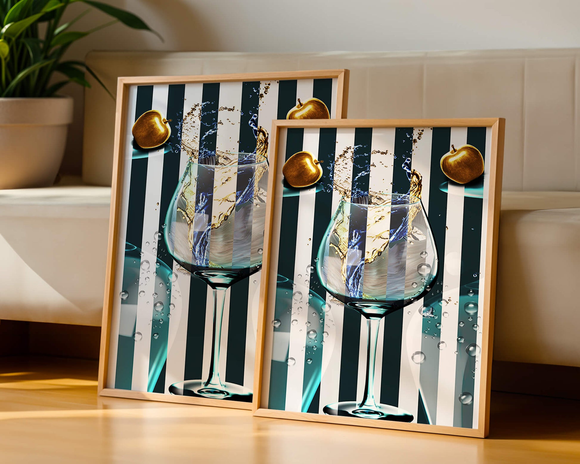 Elegant Glass of Champagne with Golden Apples and Striped Background
