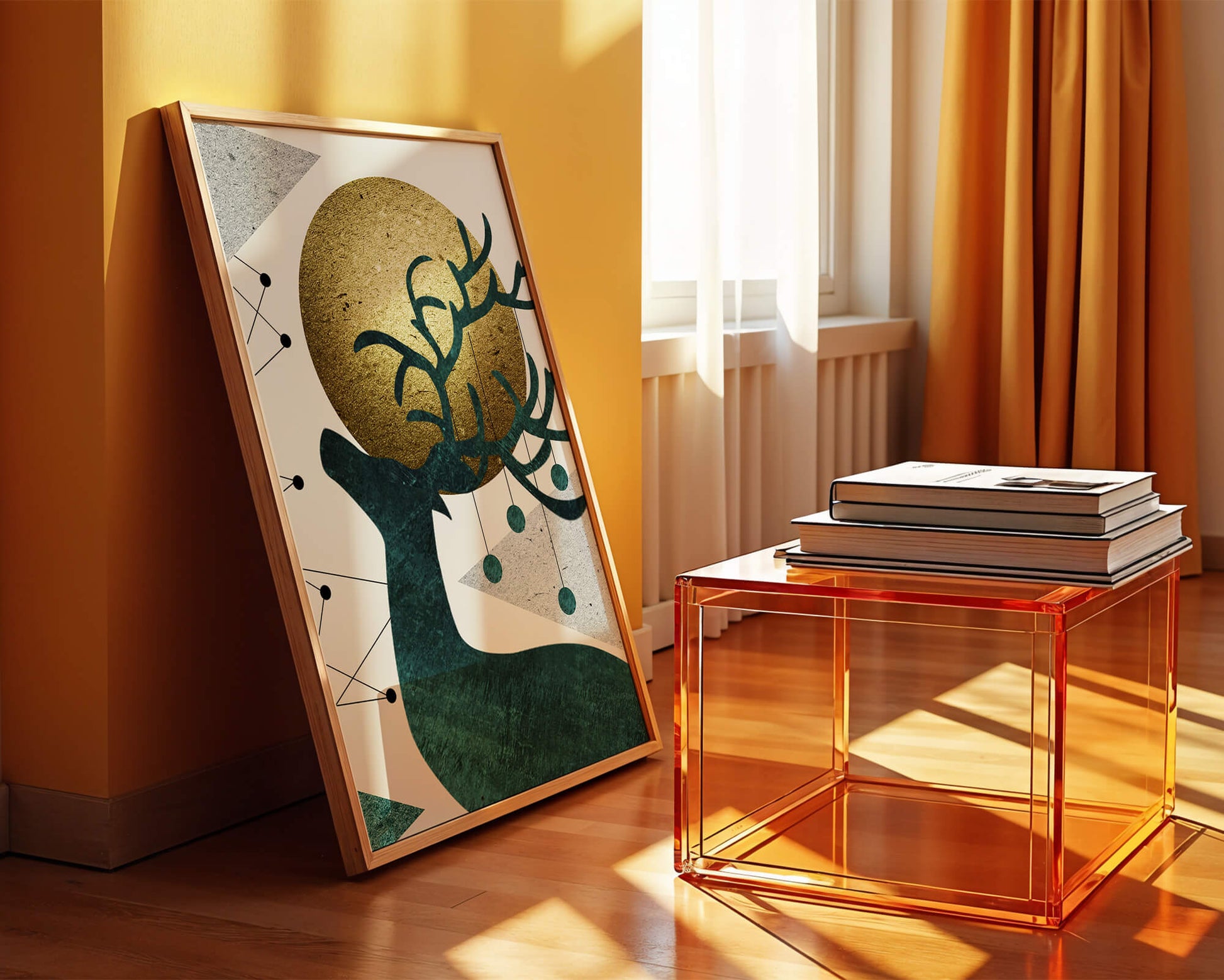 Abstract Geometric Deer with Gold Circle and Modern Design