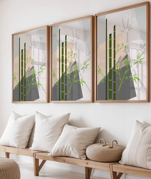 Arte minimalista de bambú con sombras abstractas de bambú