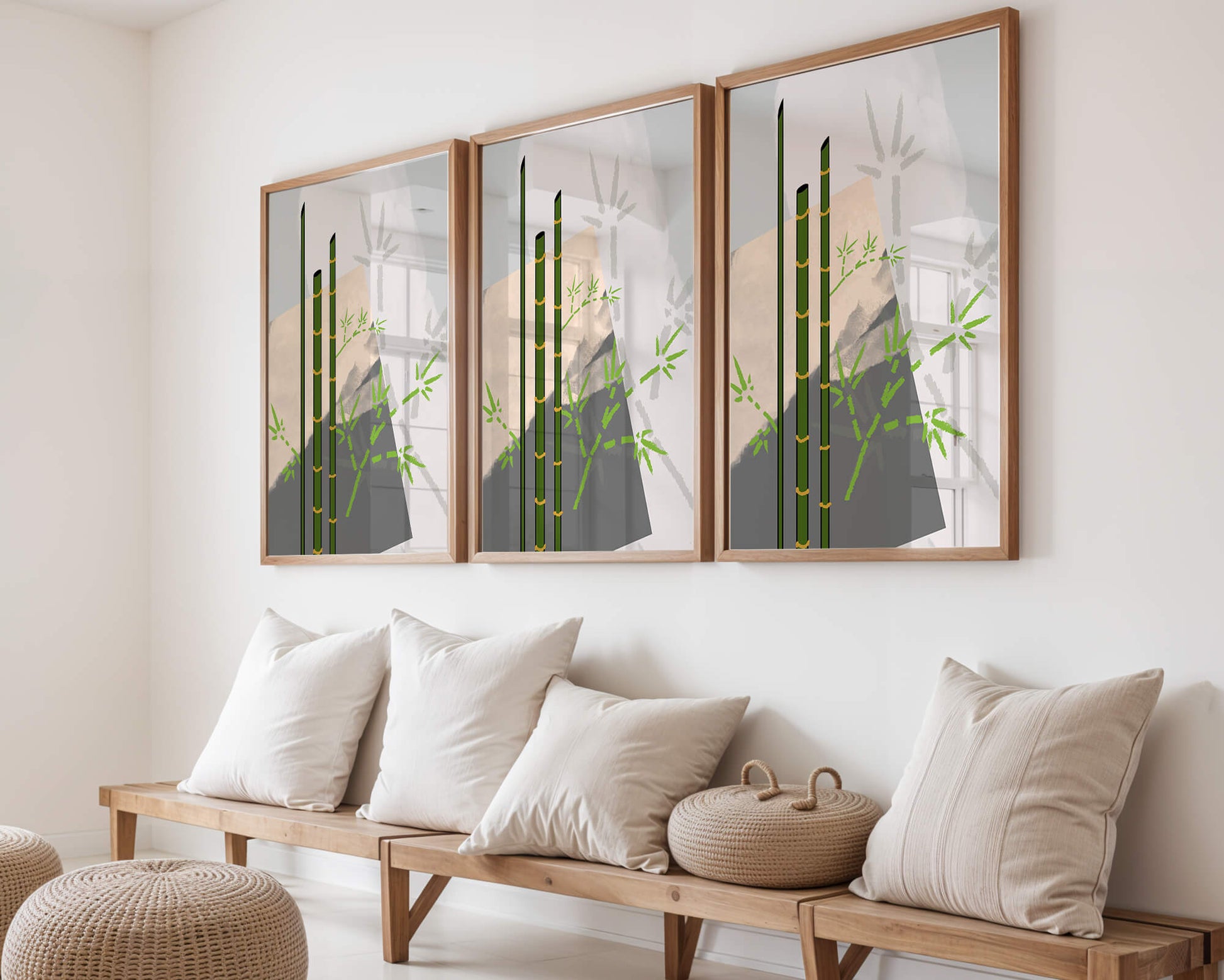 Arte minimalista de bambú con sombras abstractas de bambú