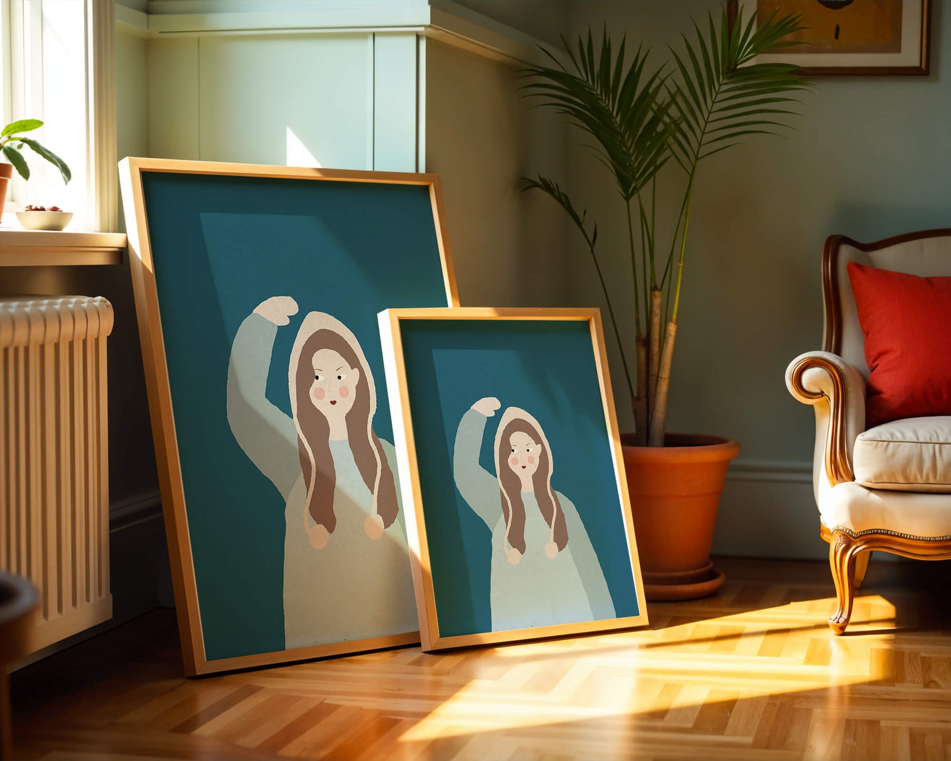 Illustrated girl with hoodie on teal background