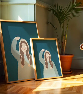 Illustrated girl with hoodie on teal background