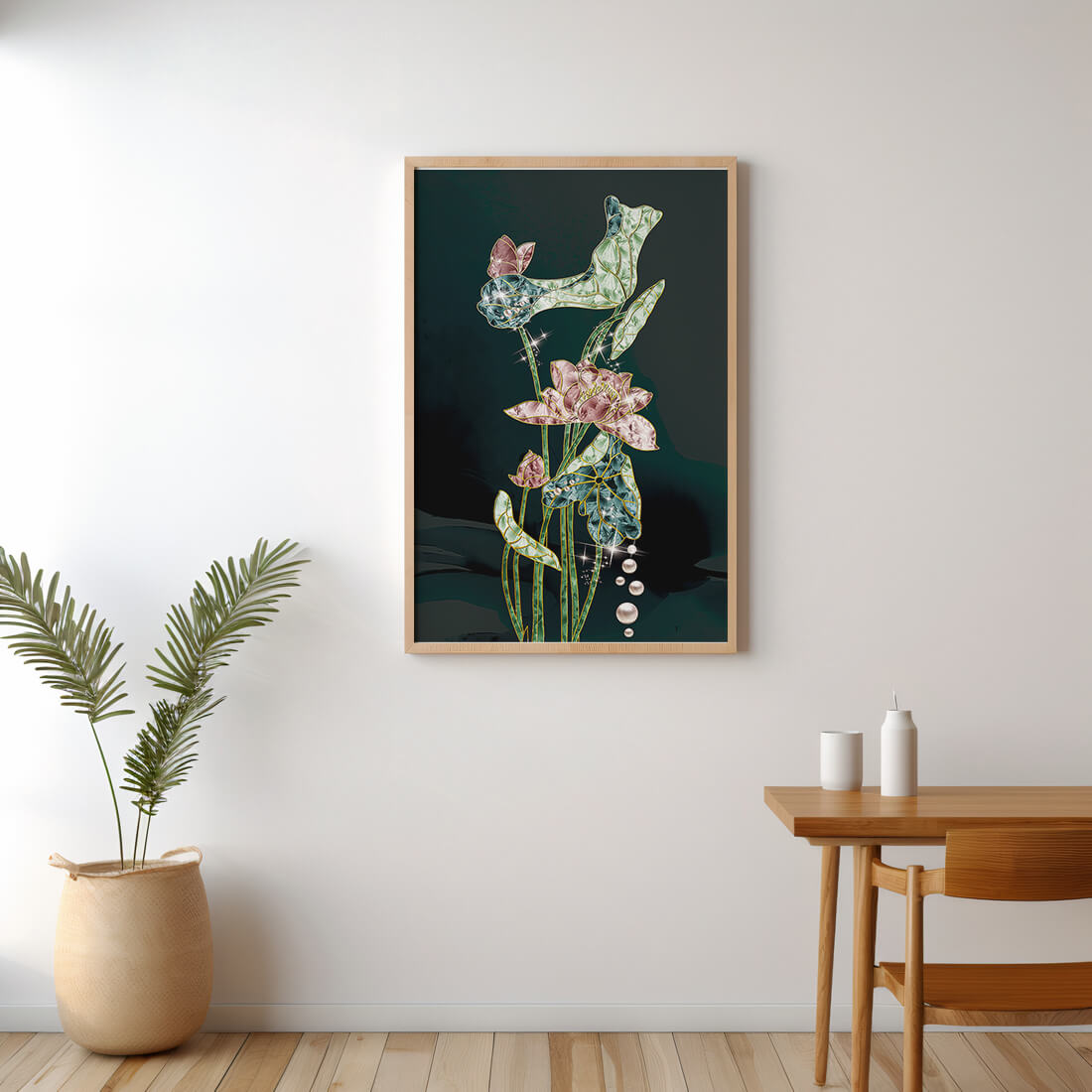 Floral Lotus Design with Gold Accents and Dew Drops