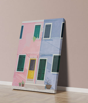 Casas pastel encantadoras con puertas y ventanas coloridas