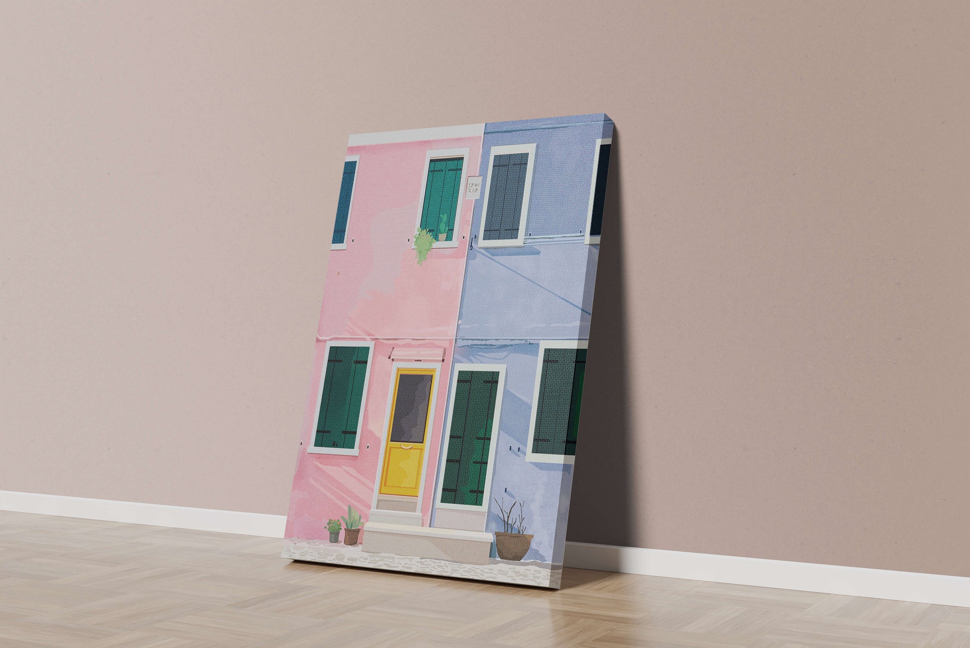 Charming pastel houses with colorful doors and windows