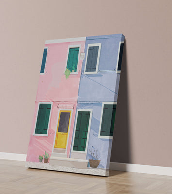 Charming pastel houses with colorful doors and windows