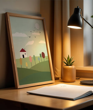 Minimalist Landscape with Colorful Trees and House