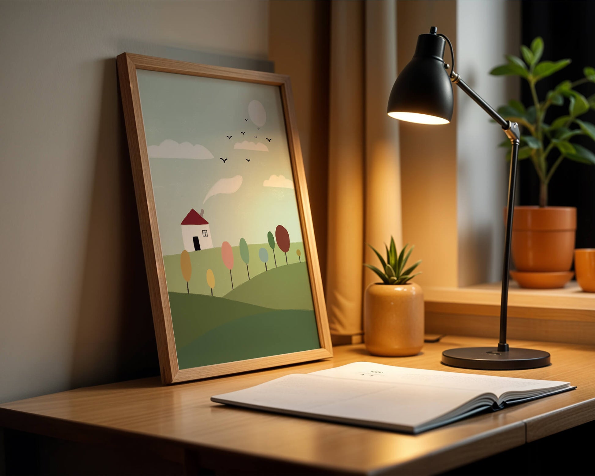 Minimalist Landscape with Colorful Trees and House