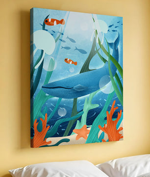 Underwater scene with whale, fish, and sea plants illustration