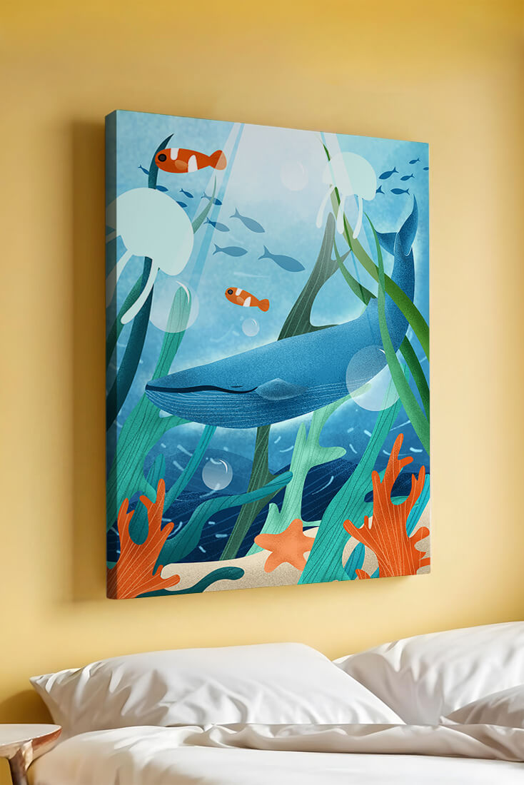 Underwater scene with whale, fish, and sea plants illustration