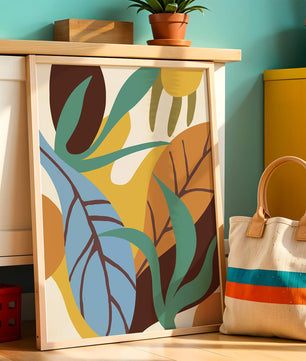 Abstract botanical design with colorful leaves and organic shapes