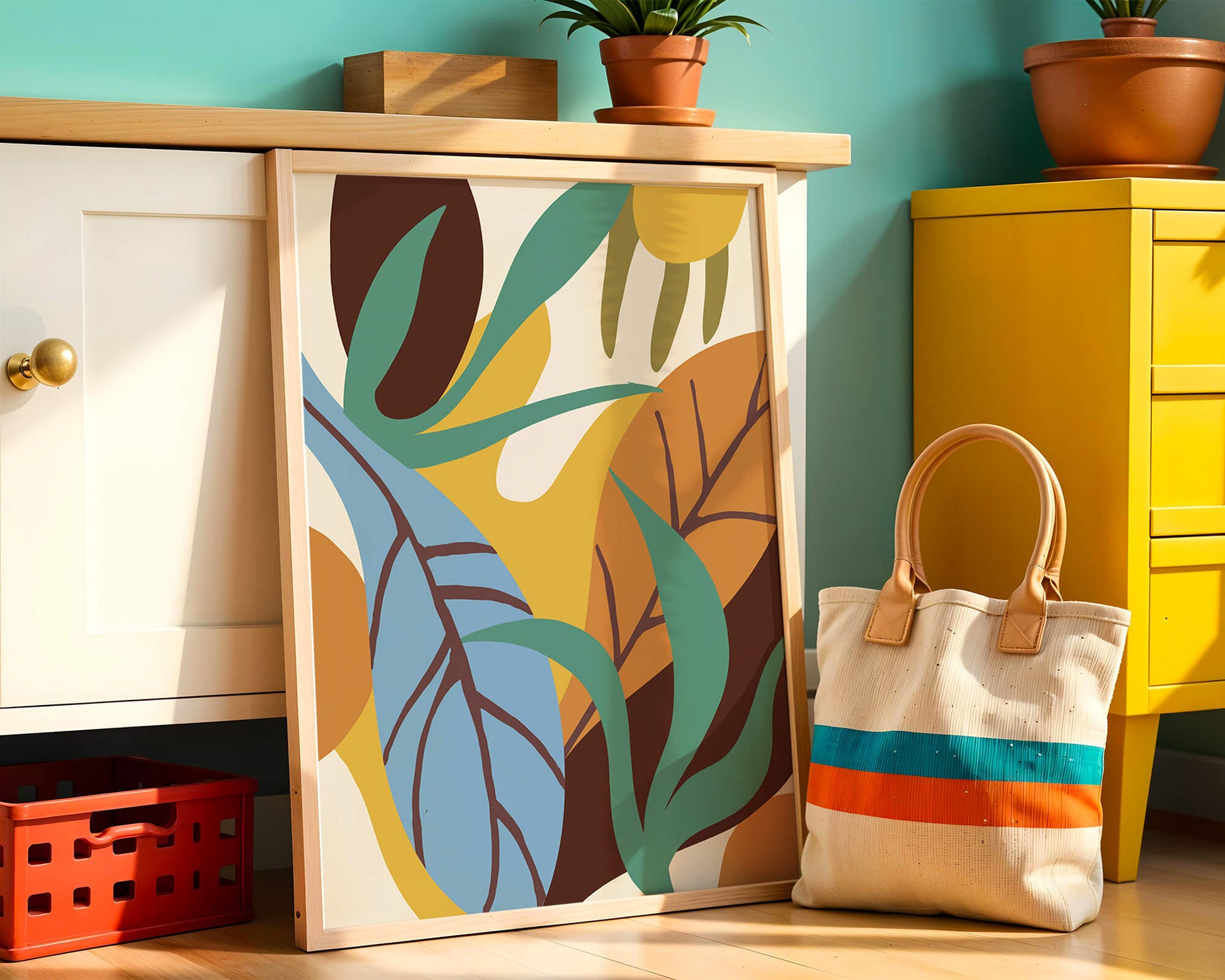 Abstract botanical design with colorful leaves and organic shapes