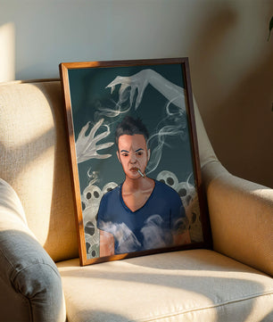 A Person Surrounded by Smoke and Ghostly Hands with Skulls in the Background