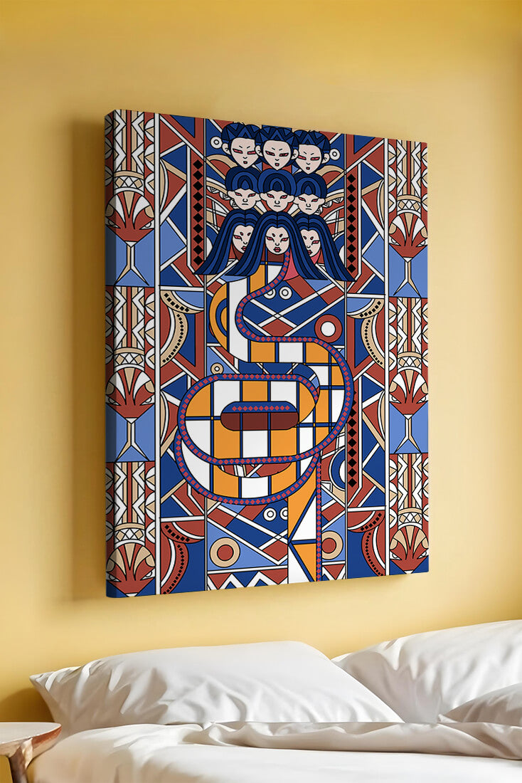 Patrón geométrico Art Decó con rostros y diseño simétrico