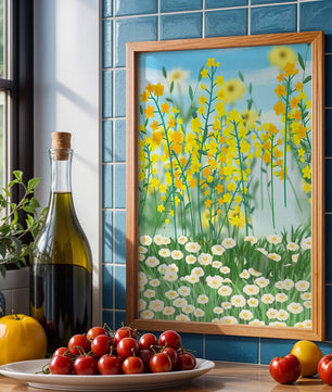 Frühlingwiese mit blühenden gelben und weißen Blumen