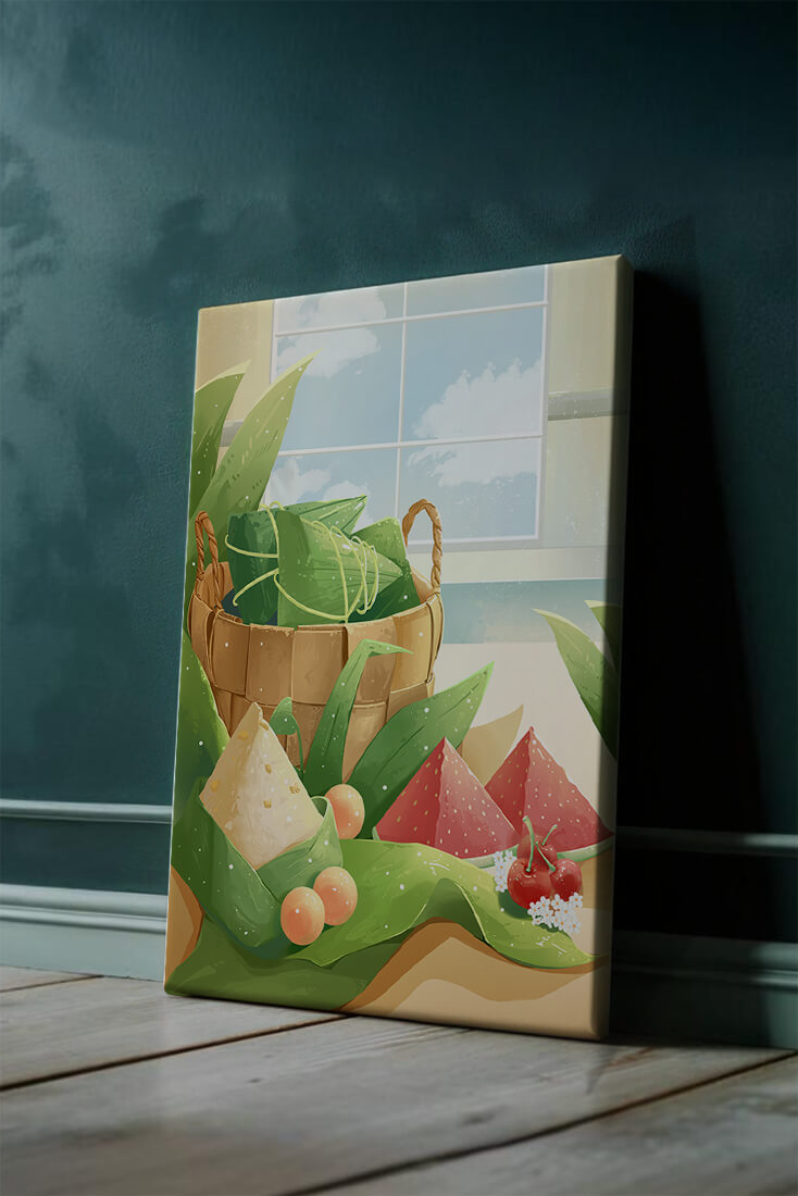 Serene kitchen scene with basket of fruits and leaves