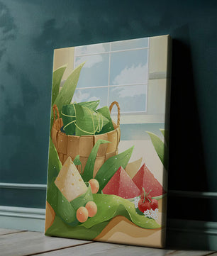 Scène de cuisine sereine avec un panier de fruits et de feuilles
