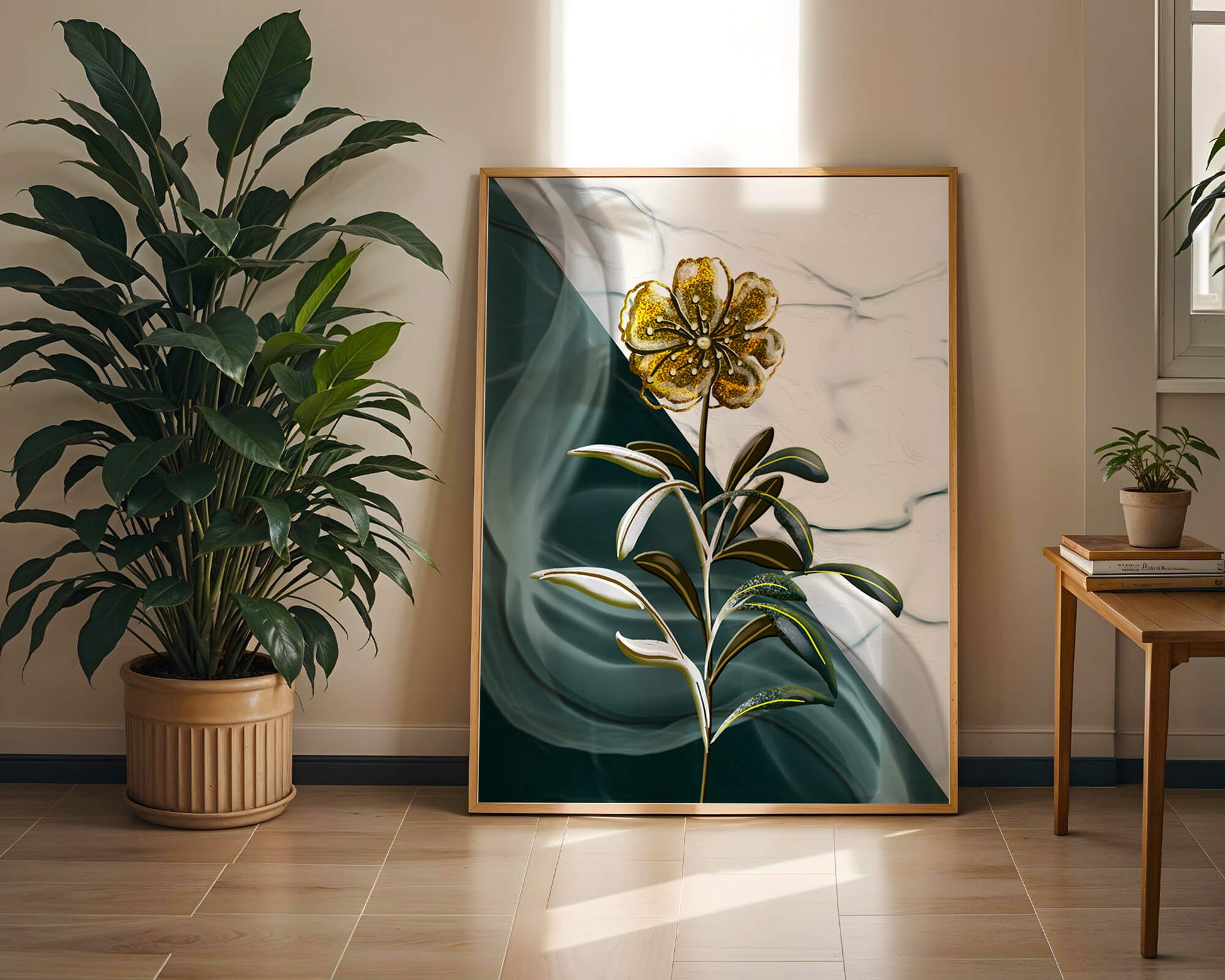 Elegant floral design with gold accents on abstract background