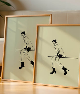 Schicke minimalistische Illustration einer sitzenden Frau in stylischen Stiefeln