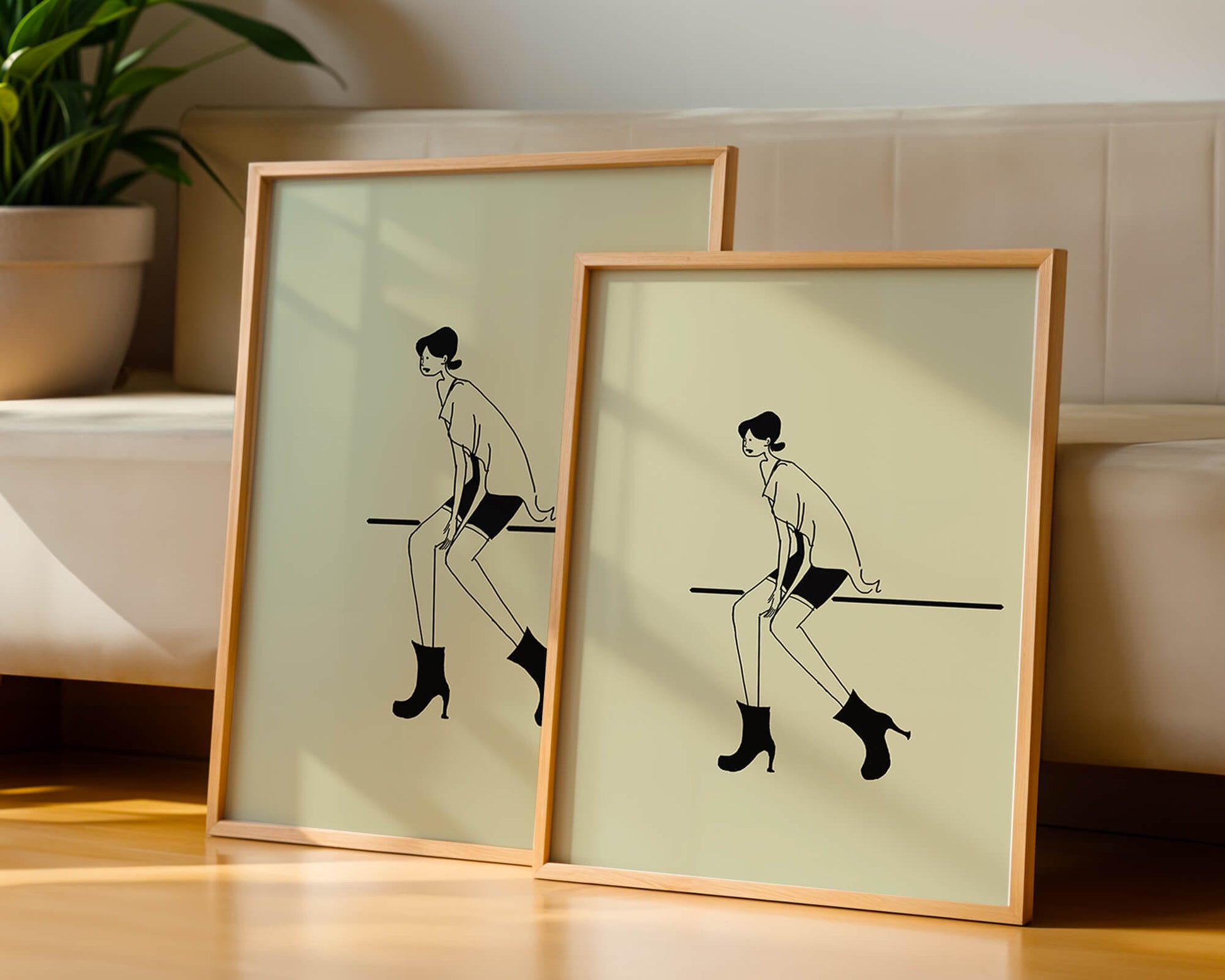 Schicke minimalistische Illustration einer sitzenden Frau in stylischen Stiefeln