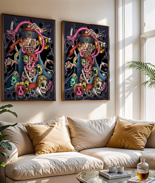 Colorful skeleton with skulls and snake illustration