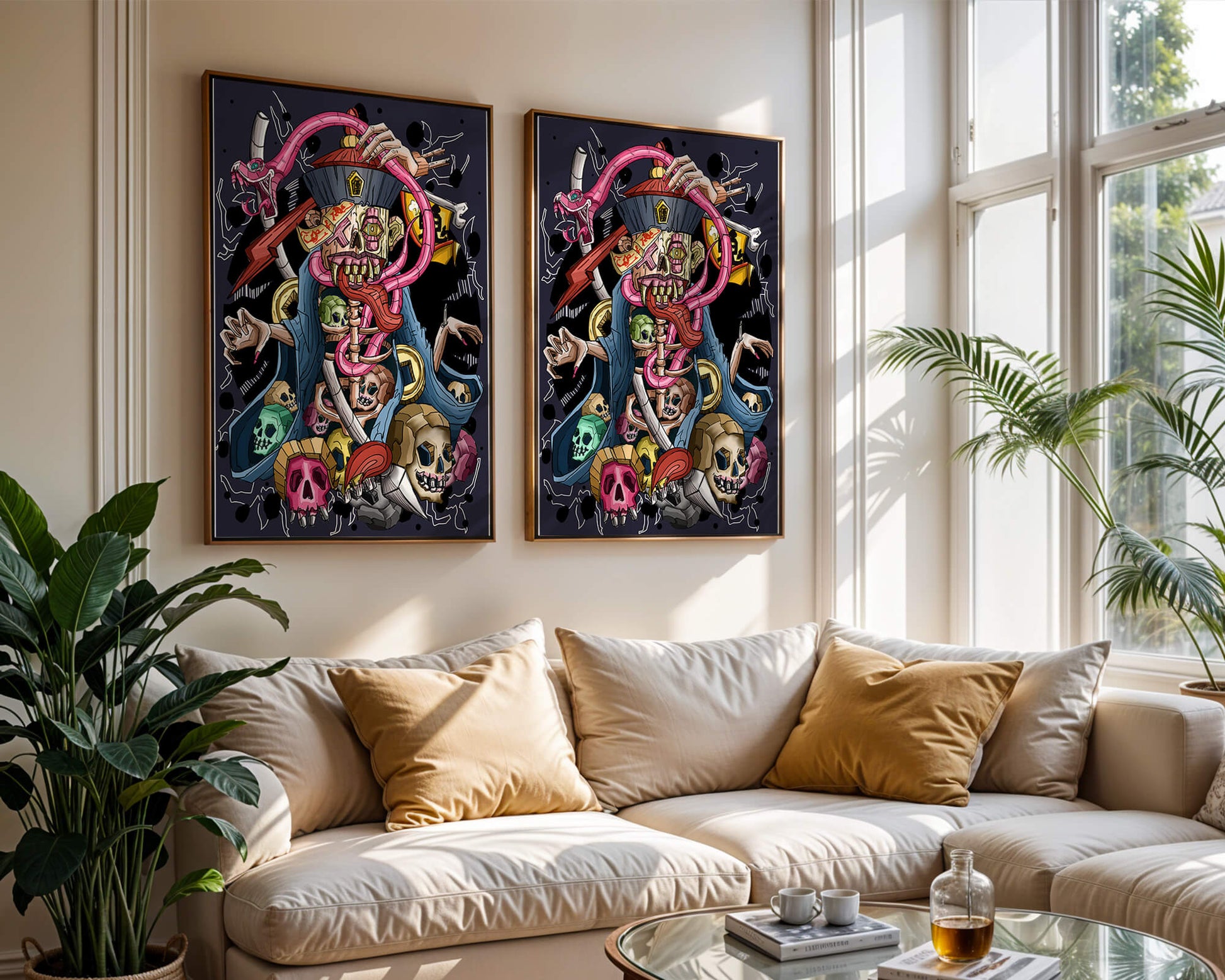 Colorful skeleton with skulls and snake illustration