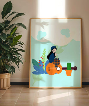 Illustration of a woman with coffee sitting on a guitar surrounded by foliage