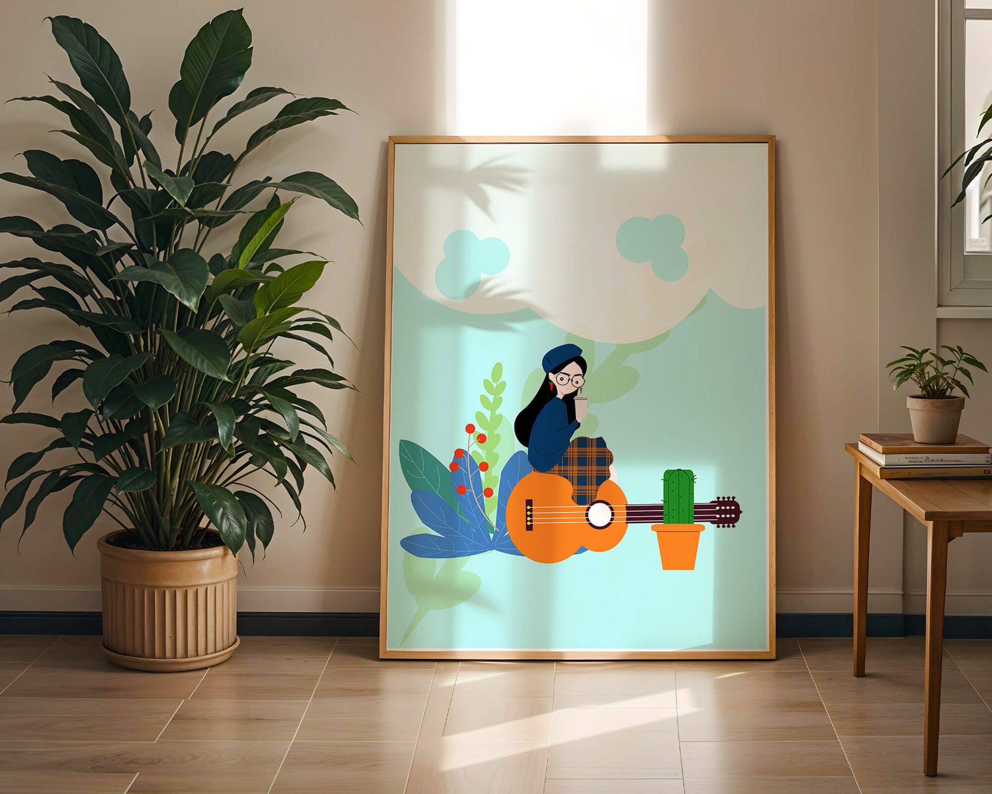 Illustration of a woman with coffee sitting on a guitar surrounded by foliage