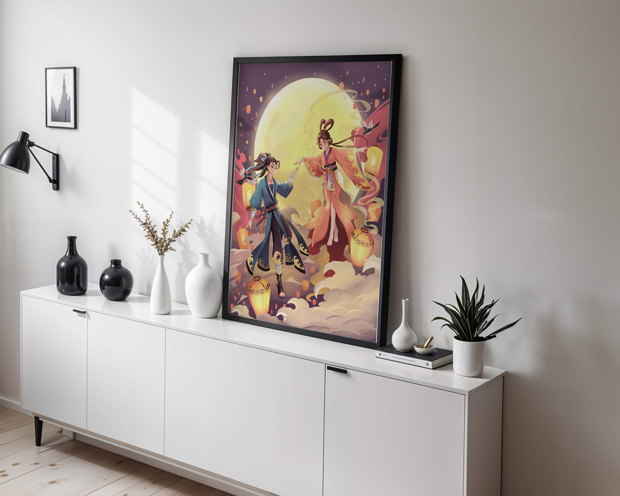 Elegant moonlit fantasy scene with traditional attire