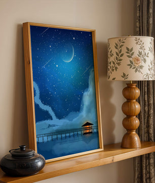 Serene Night Sky with Crescent Moon, Stars, and Pier Over Water