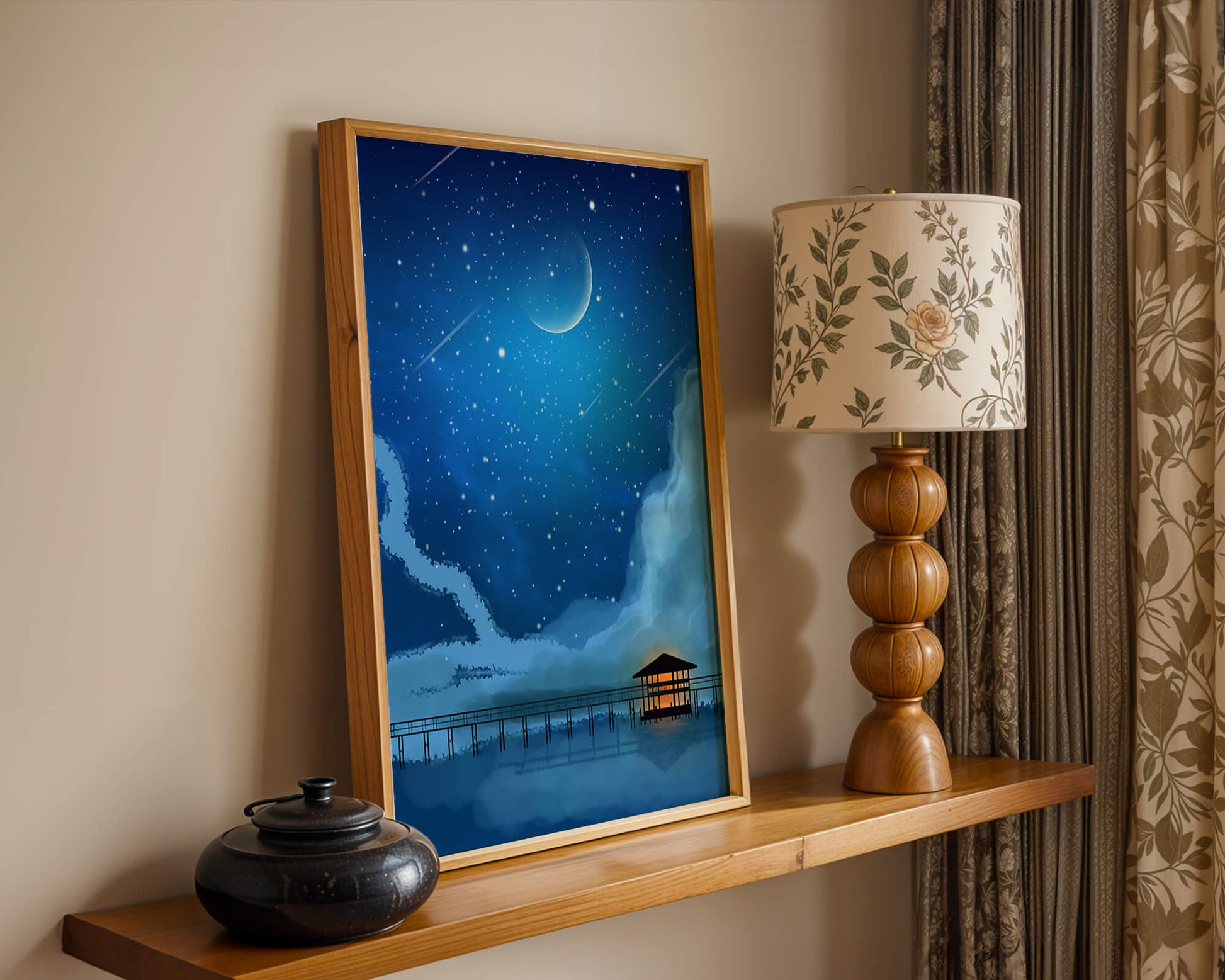 Serene Night Sky with Crescent Moon, Stars, and Pier Over Water