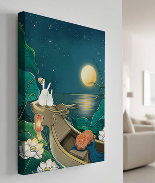 Ilustración serena de conejos contemplando una luna brillante sobre un lago tranquilo