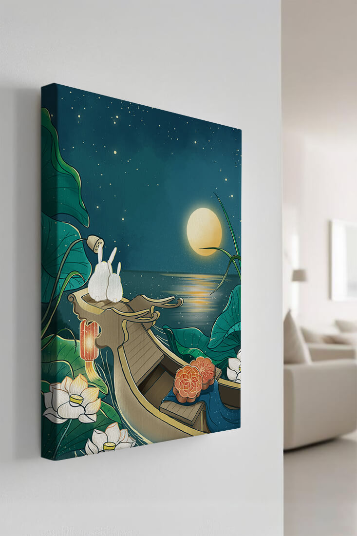 Serene illustration of rabbits gazing at a bright moon on a tranquil lake