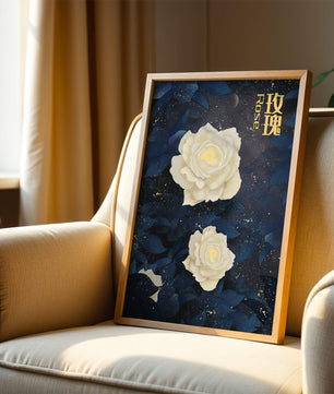 Elegant white roses on a celestial night background with deep blue leaves