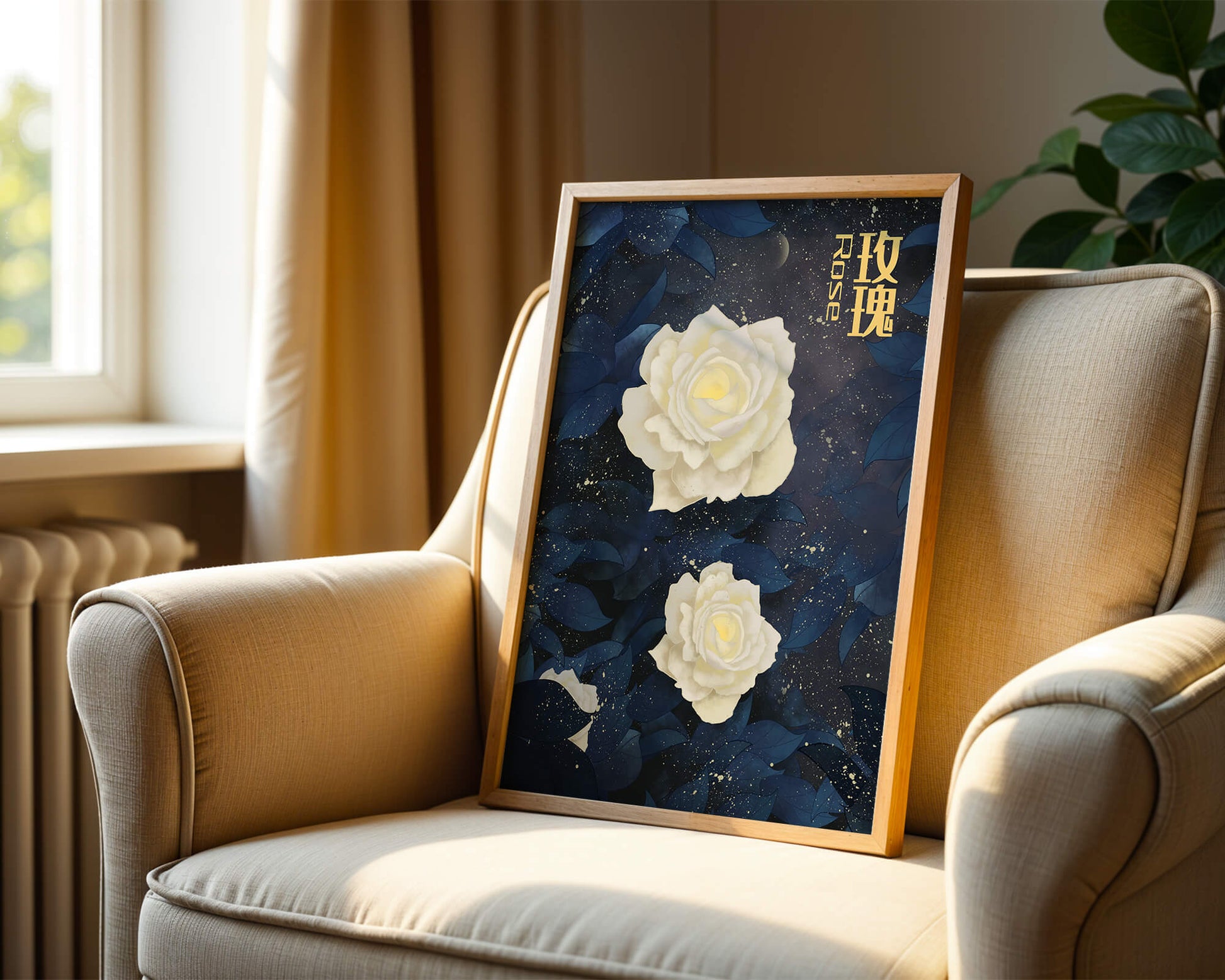 Elegant white roses on a celestial night background with deep blue leaves