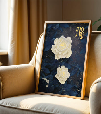 Elegant white roses on a celestial night background with deep blue leaves