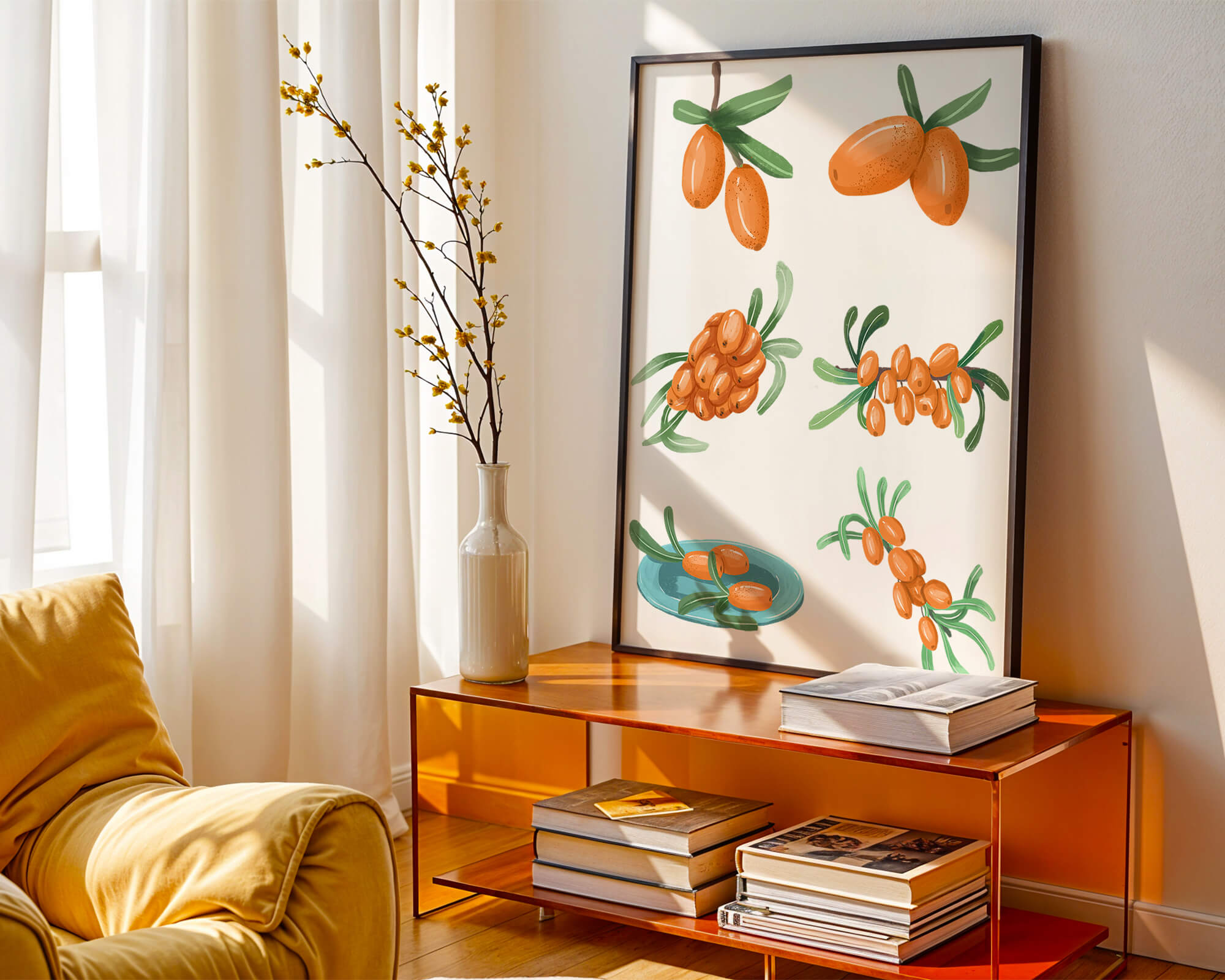 Illustrations of seabuckthorn berries with green leaves