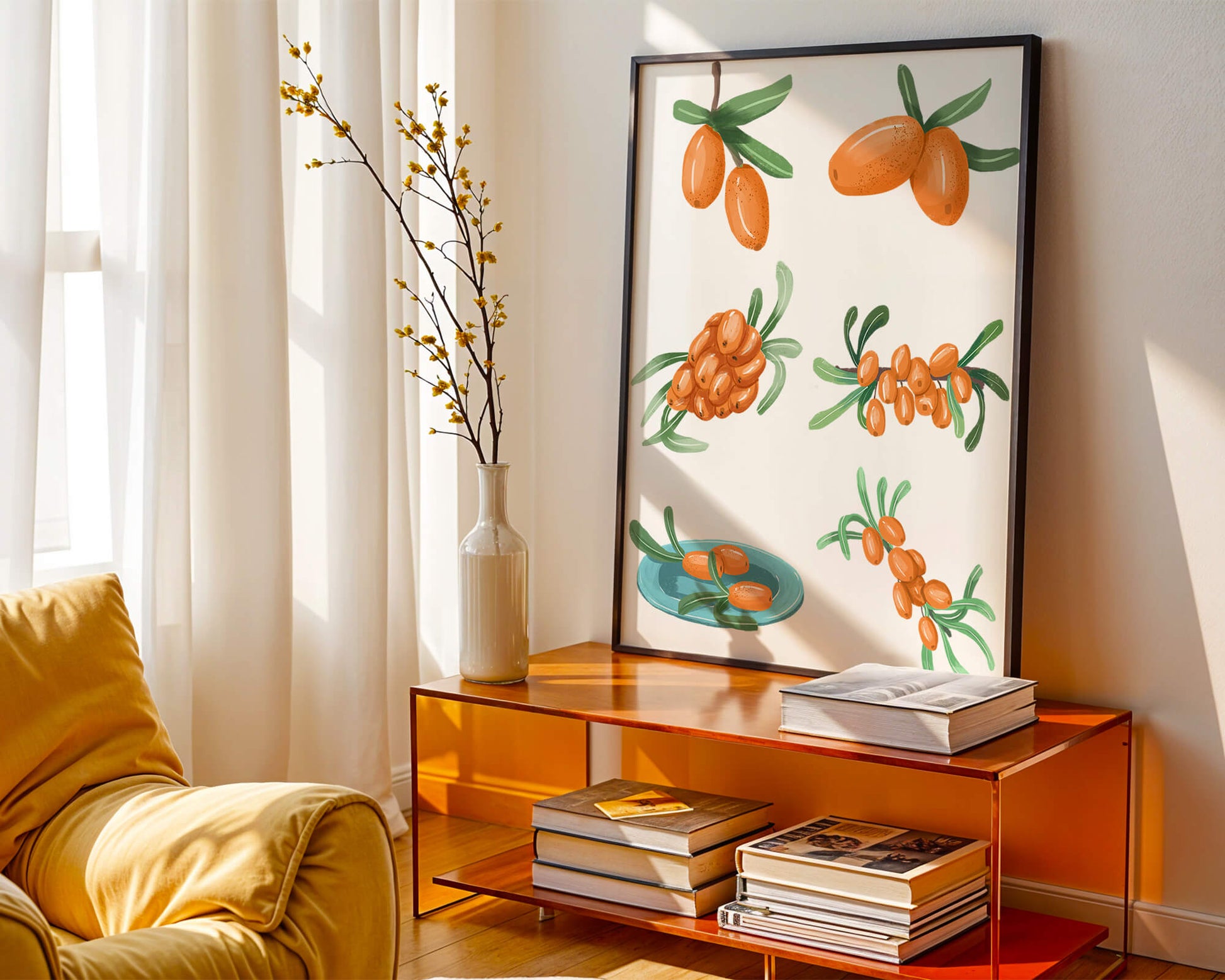 Illustrations of seabuckthorn berries with green leaves
